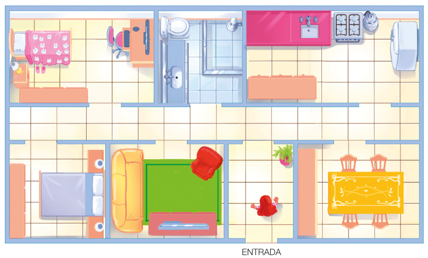 Imagem: Ilustração. Vista de cima de uma planta de casa. Na parte superior, da esquerda a para a direita: um quarto, um banheiro e uma cozinha. Na parte inferior, da esquerda para a direita: um quarto, uma sala, um corredor com uma pessoa parada (ENTRADA) e uma sala de jantar. Fim da imagem.