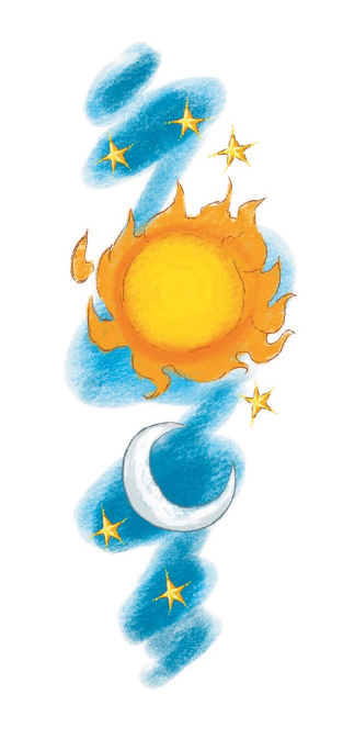 Imagem: Ilustração. Um sol amarelo e laranja ao lado de uma lua crescente branca. Ao fundo, estrelas amarelas no céu azul. Fim da imagem.