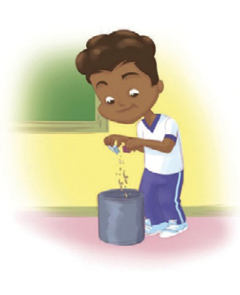 Imagem: Ilustração. Um menino com camiseta branca, calça azul e tênis azul-claro está sorrindo e jogando lixo dentro de um cesto cinza. Fim da imagem.