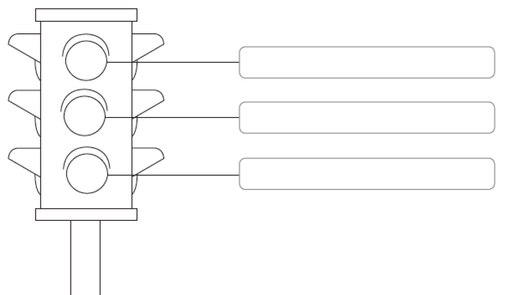 Imagem: Ilustração em preto e branco. Um semáforo com três luzes.   Fim da imagem.