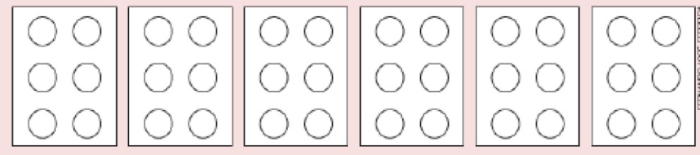 Imagem: Ilustração em preto e branco. Seis quadros compostos por seis bolinhas, dispostas em duas colunas e três linhas. Fim da imagem.