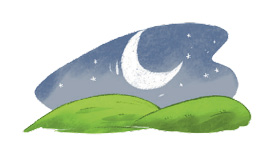 Imagem: Ilustração de morros verdes. Ao fundo, uma lua e estrelas no céu escuro.  Fim da imagem.