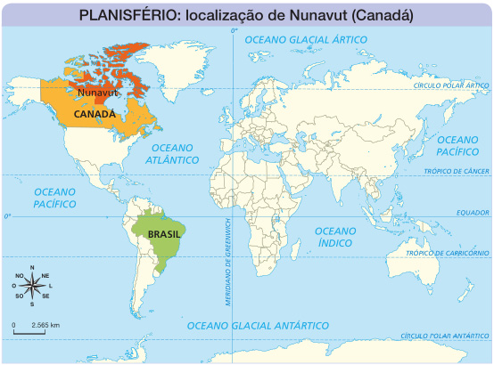 Imagem: Mapa. PLANISFÉRIO: localização de Nunavut (Canadá). Mapa-múndi com destaque para Nunavut, Canadá e Brasil. No canto inferior esquerdo, a rosa dos ventos e a escala.  Fim da imagem.