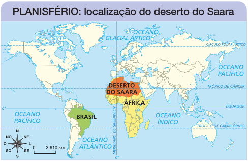 Imagem: Mapa. PLANISFÉRIO: localização do deserto do Saara. Mapa-múndi com destaque para o Brasil, Deserto do Saara e África. No canto inferior esquerdo, a rosa dos ventos e a escala. Fim da imagem.