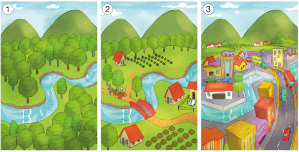 Imagem: Ilustração 1. No centro há um rio sinuoso. Em volta há várias árvores e ao fundo, morros.  Ilustração 2. No centro há uma ponte sobre o rio sinuoso. Nas margens há casas, plantações e animais. Ao fundo, morros.  Ilustração 3. No centro há uma ponte de cimento sobre o rio sinuoso. Em volta há várias casas, árvores, prédios e carros. Ao fundo, morros.   Fim da imagem.