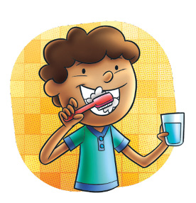 Imagem: Ilustração. Um menino está escovando os dentes com a mão direita e segurando um copo com água com a mão esquerda.  Fim da imagem.