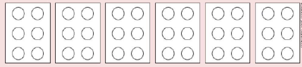 Imagem: Ilustração em preto e branco. Seis quadros compostos por seis bolinhas, dispostas em duas colunas e três linhas. Fim da imagem.