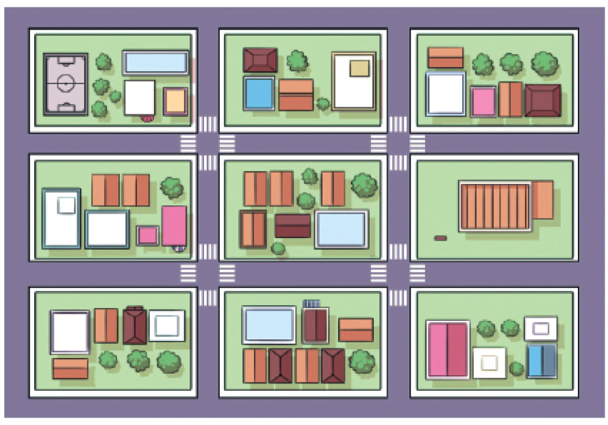 Imagem: Ilustração. Vista de cima de um bairro com nove quarteirões. Entre eles há ruas com faixas de pedestres e nos quarteirões há construções e árvores. Fim da imagem.