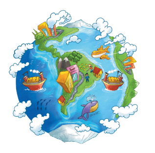 Imagem: Ilustração. Planeta Terra com nuvens em volta. Nos oceanos há navios e uma baleia. Nos continentes há pessoas, prédios, árvores e morros. No céu há um avião voando. Fim da imagem.