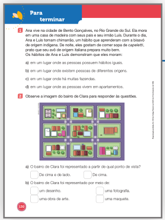 Imagem: Ilustração. Exemplifica como será a seção Para terminar. Página composta por textos e imagens. Fim da imagem.