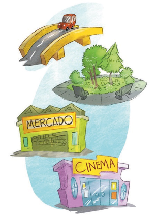 Imagem: Ilustração. Na parte superior há um carro vermelho andando sobre uma ponte. Em seguida, uma praça com árvores e plantas. Em volta há bancos. Abaixo, um mercado grande e verde. E na parte inferior, um cinema grande e roxo. Fim da imagem.