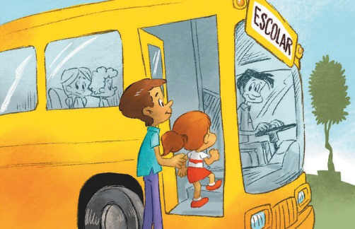 Imagem: Ilustração. Um homem e uma menina estão subindo em um ônibus amarelo.  Fim da imagem.