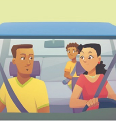 Imagem: Ilustração. Um casal está sentado nos bancos da frente de um carro, se entreolhando e sorrindo. Atrás deles, um menino está sentado no banco traseiro e os observando. Todos estão com cinto de segurança em volta do corpo. Fim da imagem.