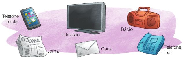 Imagem: Ilustração. Um celular, um jornal, uma televisão, um envelope, um rádio e um telefone fixo. Fim da imagem.