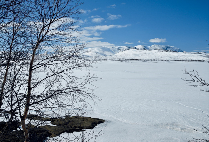 Imagem: Fotografia. Um terreno plano com muita neve. Em volta há árvores secas e ao fundo, morros cobertos de neve.  Fim da imagem.