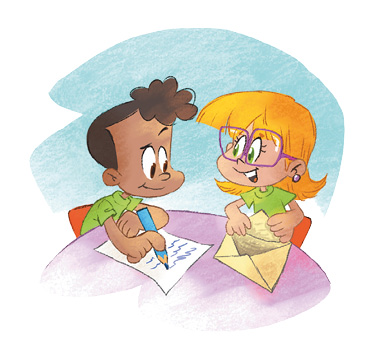 Imagem: Ilustração. À esquerda, um menino está sentado e escrevendo uma carta. À direita, uma menina está sorrindo e segurando um envelope. Fim da imagem.