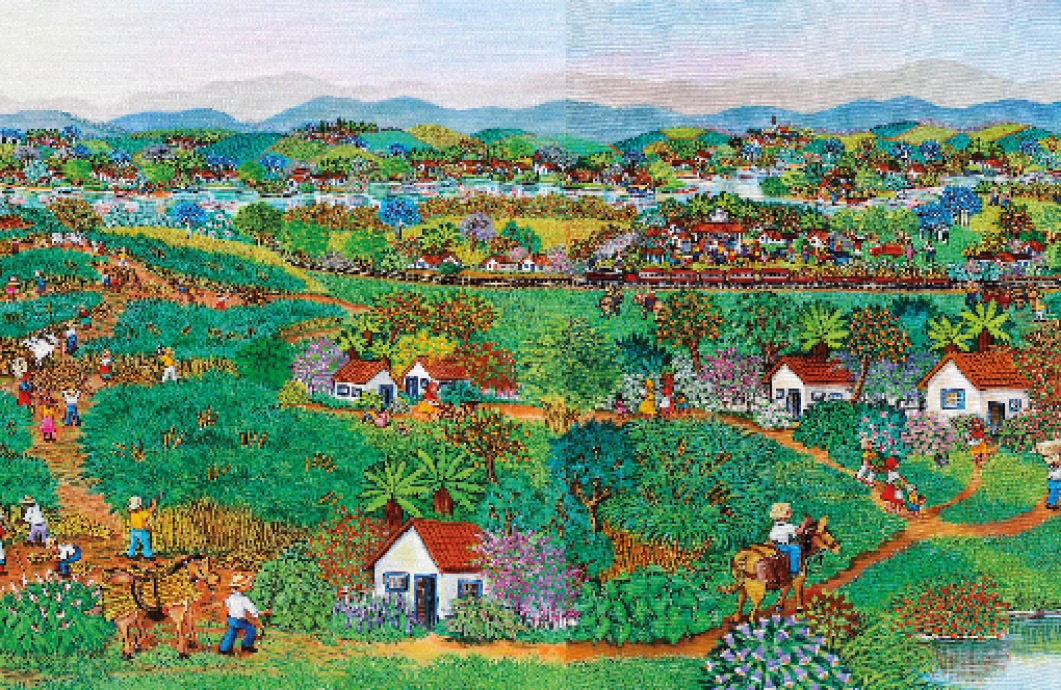 Imagem: Pintura. Em primeiro plano, à esquerda, várias pessoas estão em uma plantação, colhendo cana-de-açúcar. Entre elas há bois e cavalos carregando canas. No centro há três casas e árvores com frutos laranja. Uma mulher está alimentando galinhas e duas crianças estão brincando com um cachorro. À direita, adultos e crianças estão andando por caminhos de terra e carregando objetos. Entre eles, um homem está montado em um cavalo. À direita há mais duas casas, um lago e mais pessoas colhendo cana em uma plantação. Em segundo plano, um trem está andando sobre um trilho e ao fundo, casas, flores coloridas, árvores e morros.  Fim da imagem.