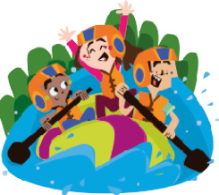 Imagem: Ilustração. Três pessoas com capacete e colete estão sentadas dentro de um bote na água. Na lateral, duas delas estão segurando remos e no centro, uma mulher está sorrindo com as mãos para cima. Ao fundo, plantas. Fim da imagem.