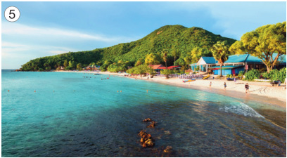 Imagem: Fotografia 5. Uma praia com água verde-claro. Ao fundo, árvores e morros.  Fim da imagem.