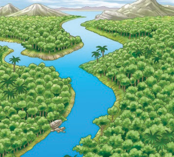 Imagem: Ilustração. No centro há um rio sinuoso com várias árvores nas margens. Ao fundo, morros.  Fim da imagem.