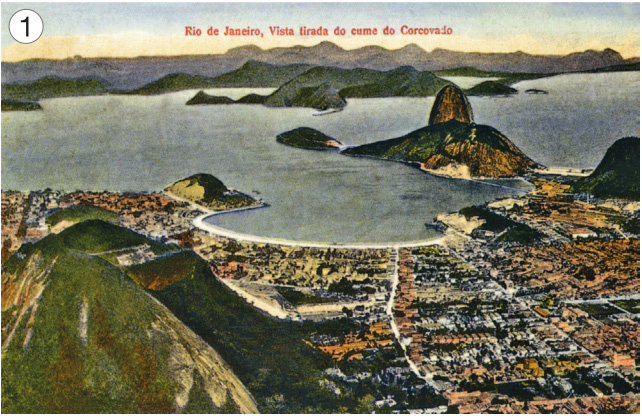 Imagem: Ilustração 1. Cartão-postal. Em primeiro plano há um morro com várias construções em volta. Em segundo plano, um morro com o mar em volta e ao fundo, mais morros.  Fim da imagem.