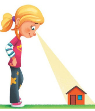 Imagem: Ilustração. Uma menina loira com cabelo preso está sorrindo e olhando para baixo. Na frente dela há uma casa pequena. A menina observa a lateral da casa por cima. Fim da imagem.