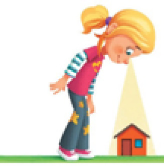 Imagem: Ilustração. A menina loira está sorrindo e olhando para baixo. Abaixo dela há uma casa pequena. A menina observa o telhado da casa de cima. Fim da imagem.