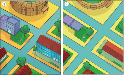 Imagem: Ilustração 1. Vista aérea de um bairro. À esquerda, um estádio circular e bege, e um prédio alto e roxo. À direita, uma construção extensa com telhado marrom. Entre eles há ruas e árvores.  Ilustração 2. Vista de cima de um bairro. À esquerda, um círculo bege e um retângulo roxo. À direita, retângulo extenso e marrom. Entre eles há ruas e árvores.  Fim da imagem.