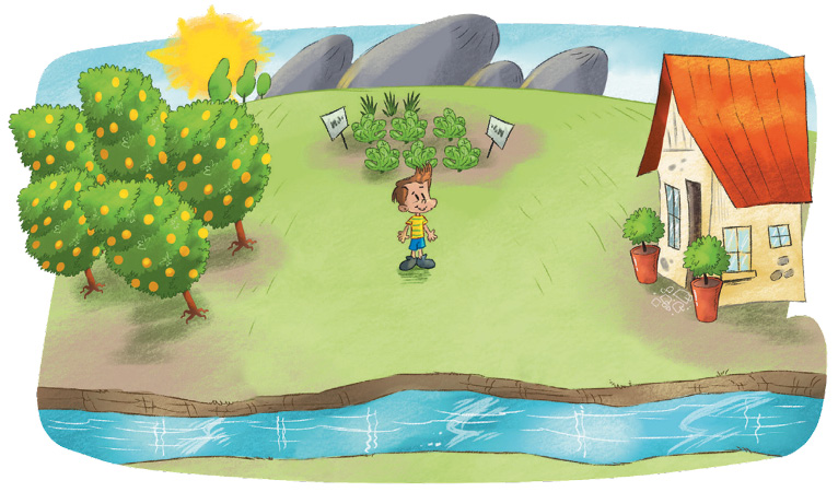 Imagem: Ilustração. No centro, um menino está sorrindo e olhando para cima. À esquerda há árvores com frutos laranja; atrás do menino há uma horta com placas, na frente dele, um rio e à direita, uma casa ao lado de dois vasos com plantas. Ao fundo, árvores, morros e o sol no céu azul. Fim da imagem.