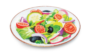 Imagem: Ilustração. Um prato com salada.  Fim da imagem.