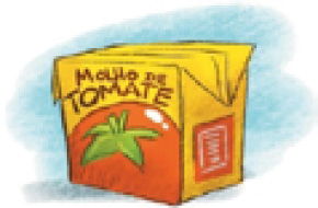 Imagem: Ilustração. Uma caixa amarela com o desenho de um tomate e a informação: MOLHO DE TOMATE.  Fim da imagem.