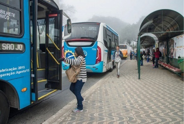 Imagem: Fotografia. Uma pessoa está entrando em um ônibus azul. Na frente há uma fileira de ônibus ao lado de um terminal verde.  Fim da imagem.