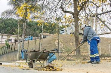 Imagem: Fotografia. Um homem com blusa cinza, calça azul e sapatos pretos está varrendo o chão ao lado de um carrinho. Ao fundo, uma árvore e construções. Fim da imagem.
