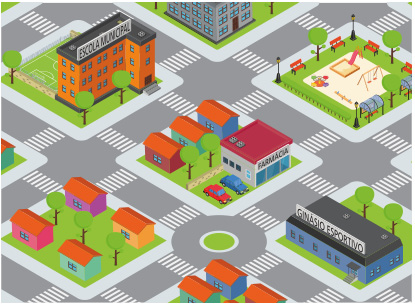 Imagem: Ilustração. Vista aérea de um bairro. À esquerda, uma escola municipal. No centro, uma farmácia e ao lado, uma praça. À direita, um ginásio esportivo. Em volta há ruas, casas e árvores. Fim da imagem.