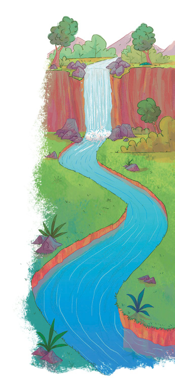 Imagem: Ilustração. Uma cachoeira e em seguida, um rio sinuoso. Nas margens há plantas e pedras. Ao fundo, árvores e moitas. Fim da imagem.