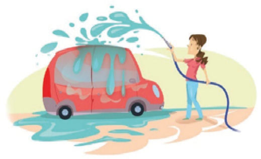 Ilustração. Uma mulher está segurando uma mangueira e jorrando água sobre um carro vermelho. 