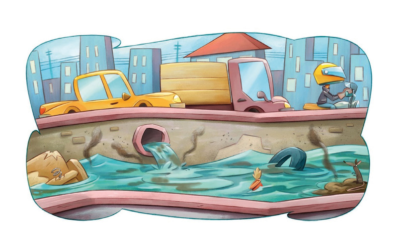 Imagem: Ilustração. No centro há um cano despejando água em um rio sujo, com lixo boiando. Atrás há automóveis e ao fundo, prédios. Fim da imagem.