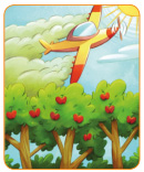Imagem: Ilustração. Um avião está voando no céu e jorrando agrotóxico sobre uma plantação de maçã – Aplicação de agrotóxicos em quantidade excessiva. Fim da imagem.