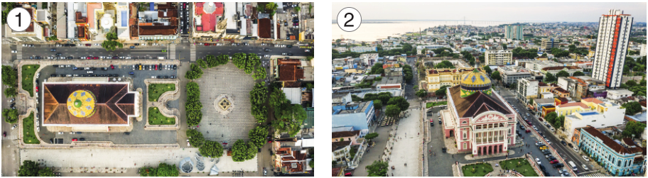 Imagem: Fotografia 1. Vista de cima de uma praça com várias árvores em volta. Ao lado há uma construção extensa com um círculo amarelo no meio no telhado. Em volta há ruas com carros e ao fundo, construções.  Fotografia 2. Vista aérea de uma construção extensa com uma abóboda amarela no topo, ao lado de uma praça com árvores. Em volta há ruas com carros e ao fundo, construções. Ilustração.  Fim da imagem.