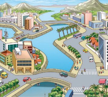 Imagem: Ilustração. No centro há um rio sinuoso e sobre ele há uma ponte de concreto. Nas margens há ruas, prédios e casas. Ao fundo, morros. Fim da imagem.