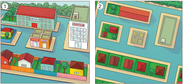 Imagem: Ilustração 1. Vista aérea de um bairro. Na parte superior, uma escola. No centro, da esquerda para a direita: uma casa, duas lojas e um hospital. Na parte inferior, casas coloridas e árvores.  Ilustração 2. Vista de cima de um bairro. Na parte superior, retângulo extenso e marrom. No centro, retângulos pequenos e um retângulo grande. Na parte inferior, quadrados e círculos.  Fim da imagem.