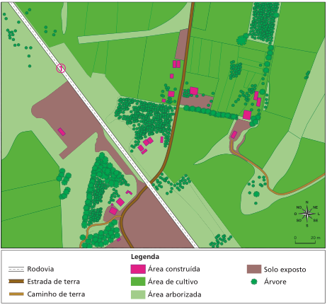 Imagem: Ilustração. Vista de cima de um campo. No centro há uma rodovia (1) e cruzando a rodovia há uma estrada de terra. À esquerda há solo exposto, área de cultivo e grande parte de área arborizada. À direita há uma grande área de cultivo, algumas áreas arborizadas, pequenas áreas construídas e espalhadas e um caminho de terra. Em volta há várias árvores. Na parte inferior, a legenda: linha tracejada (Rodovia); faixa marrom-escuro (Estrada de terra); faixa marrom-claro (Caminho de terra); retângulo rosa (Área construída); retângulo verde-escuro (Área de cultivo); retângulo verde-claro (Área arborizada); retângulo marrom-claro (Solo exposto); círculo verde (Árvore).  Fim da imagem.