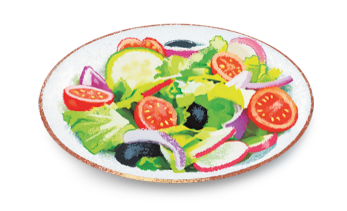 Imagem: Ilustração. Um prato com salada.  Fim da imagem.