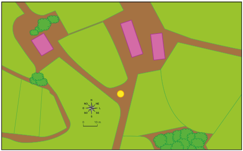 Imagem: Mapa. Vista de cima de duas construções rosa no meio de estradas de terra marrom. Em volta há áreas verdes e à esquerda, uma construção rosa com árvores em volta. No centro há um círculo amarelo entre as estradas. Na parte inferior, a rosa dos ventos e a escala. Fim da imagem.
