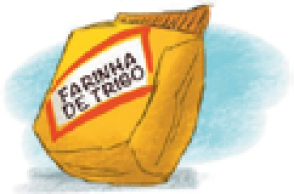 Imagem: Ilustração. Uma embalagem amarela com a informação: FARINHA DE TRIGO.  Fim da imagem.