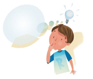 Imagem: Ilustração. Um menino está com os olhos arregalados e com a mão direita sob o queixo. Acima dele há uma lâmpada acesa e um balão de pensamento. Fim da imagem.