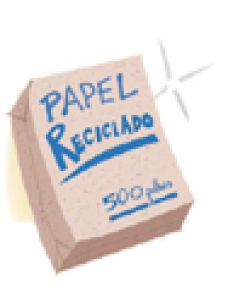 Imagem: Ilustração. Um pacote com a informação: PAPEL RECICLADO.  Fim da imagem.