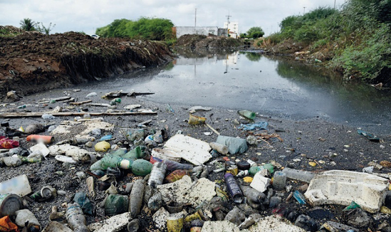 Imagem: Fotografia. Muito lixo na margem de um rio com água escura. Nas margens há plantas e terra.  Fim da imagem.