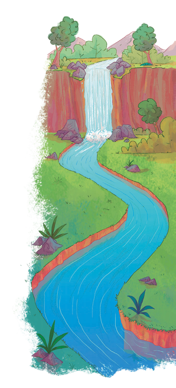 Imagem: Ilustração. Uma cachoeira e em seguida, um rio sinuoso. Nas margens há plantas e pedras. Ao fundo, árvores e moitas. Fim da imagem.