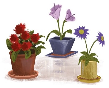 Imagem: Ilustração. Três vasos com flores coloridas.  Fim da imagem.